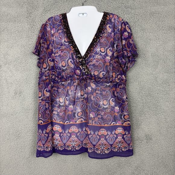 Sunny Leigh Tops - Sunny Leigh Woman Faux Wrap babydoll Top Sequins Chiffon Short Sleeve sz Large